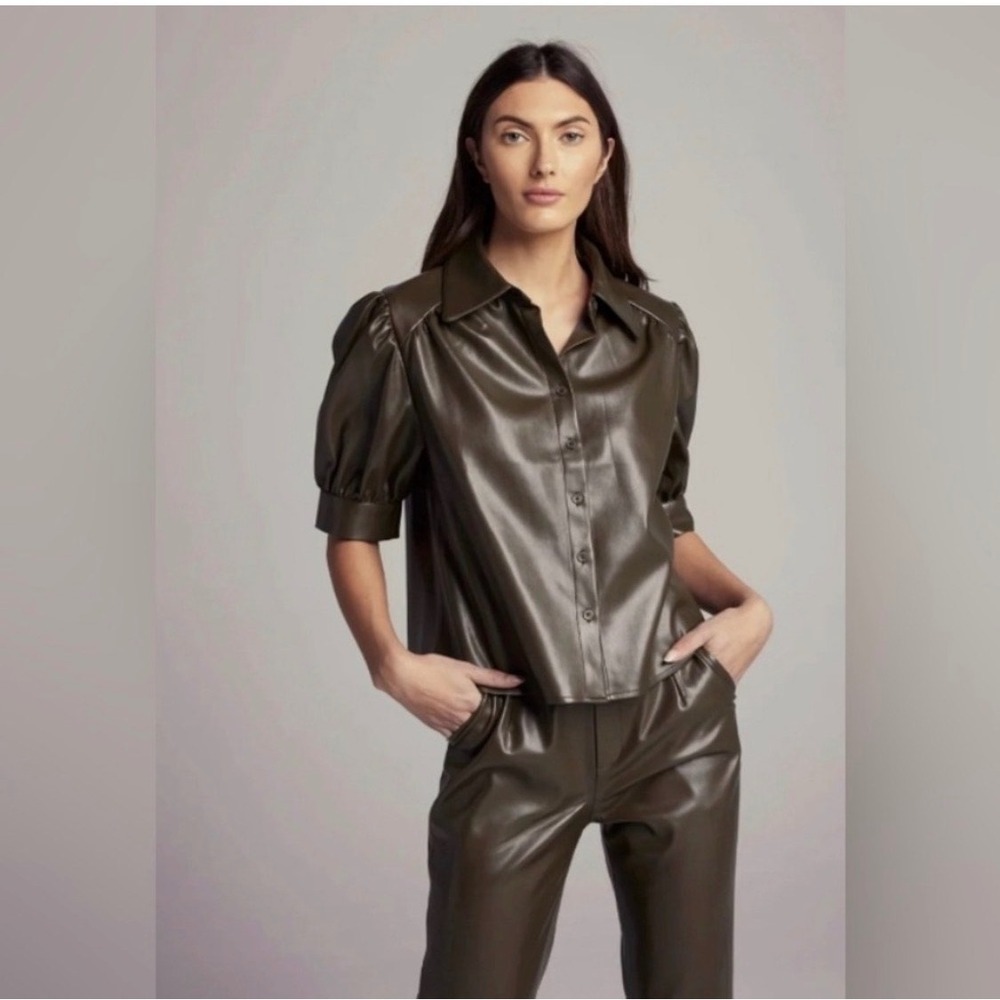Sundays Gael Shirt Women M Forest Night Olive Faux Leather Puff Sleeve Button Up